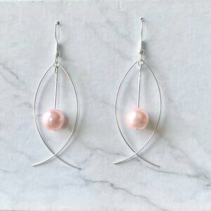 Handmade Silver Fish Earrings with Hanging Pink Faux Pearl Bead
